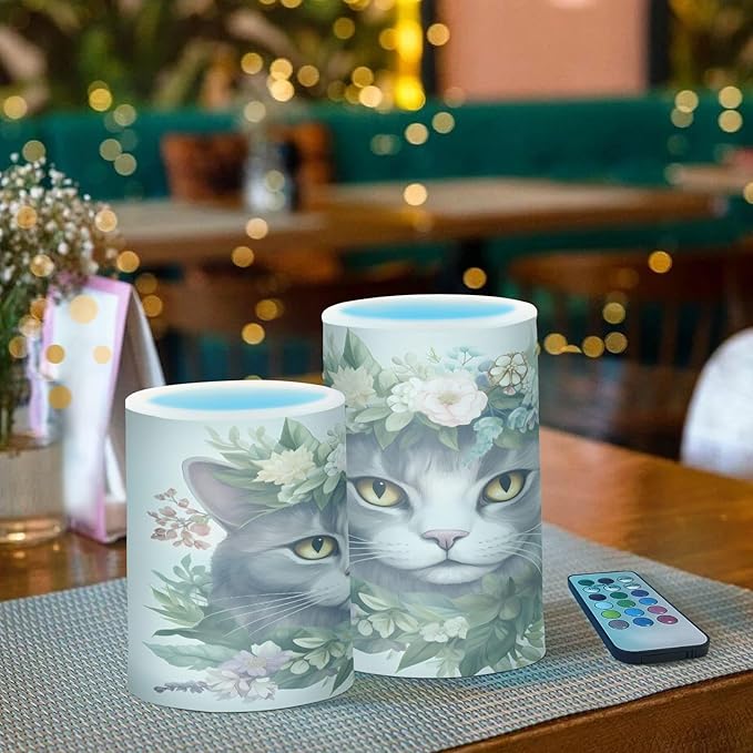 Flickering Flameless Candles, Cat Head Flowers LED Candles with Remote Timer, Set of 2 Battery Operated Candle for Valentine Wedding Birthday-VerdiqueGarden