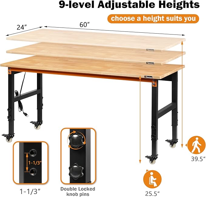 60" Adjustable Workbench for Garage, Rubber Wood Heavy Duty Workstation with Power Outlets & Wheels, 2000 LBS Load Capacity Hardwood Worktable for Workshop, Garage, Office, Home, Commercial-VerdiqueGarden