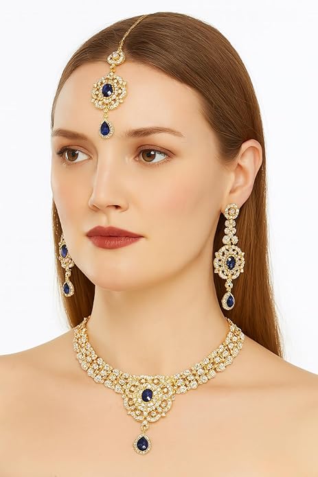 Touchstone Indian jewelry sets for women gold wedding tikka necklace set guest costume fancy bridal jewellery rhinestone crystal elegant formal prom evening wear dainty accessories