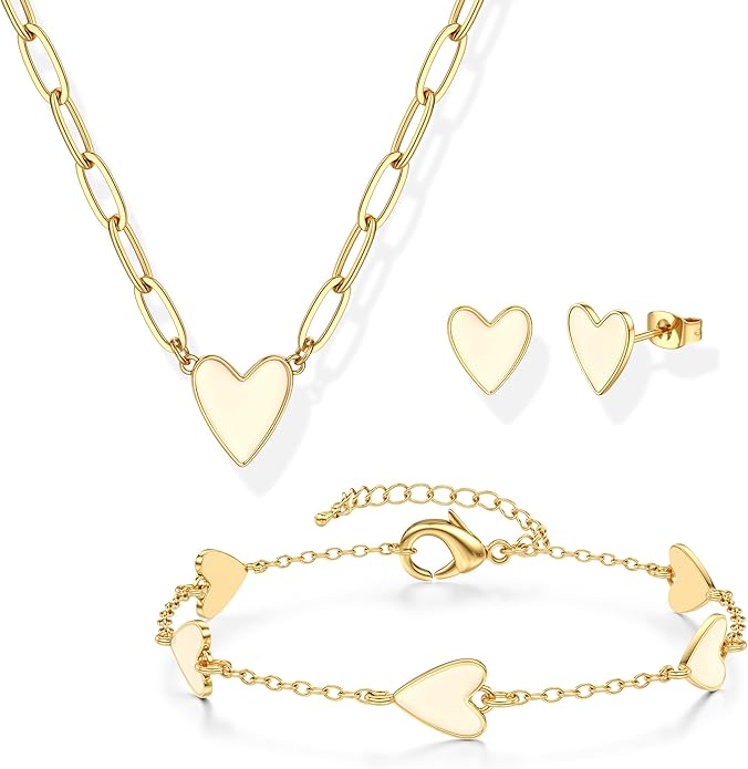 ORAZIO Jewelry Set for Women,Hypoallergenic 14K Gold Plated Pink/Black/Blue/White Heart Jewelry Set Trendy Heart Pendant Necklace Heart Charm Bracelet Cute Heart Earring Studs Dainty Women's Jewelry Sets Gift