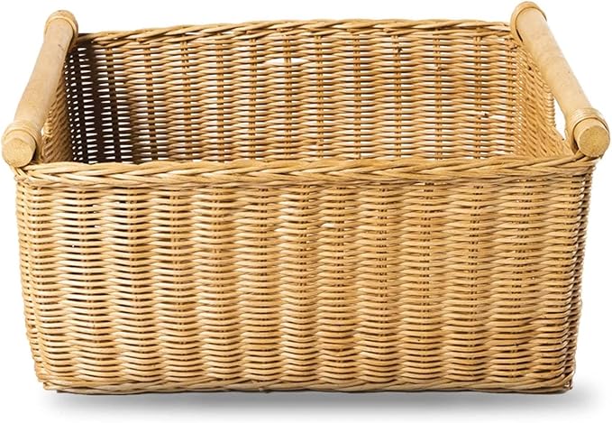 The Basket Lady Pole Handle Wicker Storage Basket, Small, 14 in L x 10 in W x 7.5 in H, Sandstone-VerdiqueGarden