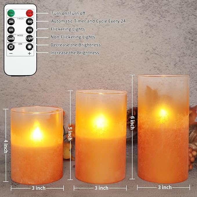 Orange Flameless Candles - Battery Operated Candles with Remote Orange Glass Sandblasted Design Wax Unscented - Centerpieces for Dinner Table Tray House Warming Thanksgiving Gifts-VerdiqueGarden