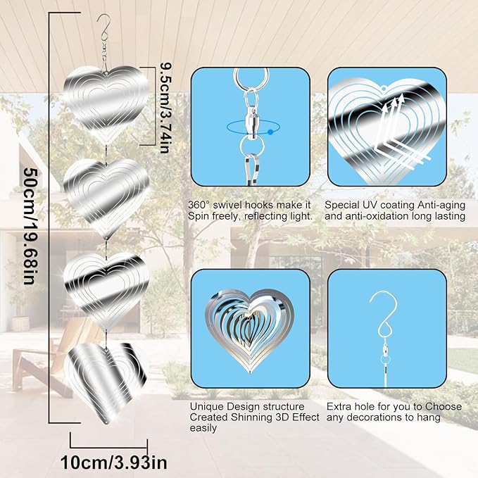 12 Metal Heart Bird Scarer Discs Set, Wind Spinners 3D Helix Reflector Stainless Steel Sparkly Outdoor Garden Decor, Scare Birds & Animals Away from Garden Yard Patio Lawn Farm Wind Sculpture Gifts-VerdiqueGarden
