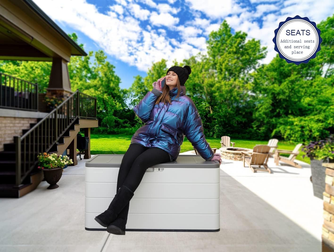 100 GAL Resin Deck Box - Lockable Waterproof Outdoor Storage Bench for Patio Cushions, Garden Tools & Pool Accessories - Wood-Look Texture, White-VerdiqueGarden