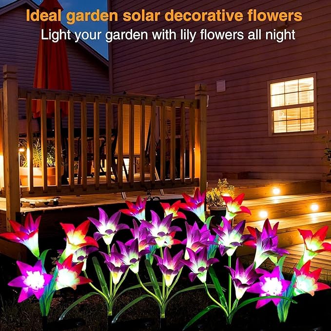 ANGMLN 6 Pack Solar Flowers Lights,24 Bigger Head Solar Lily Flowers, 7 Color Changing Pathway Lamps for Garden Patio Yard Party Wedding Holiday Outdoor Garden Stake Decoration (Purple2&White2&Pink2)-VerdiqueGarden