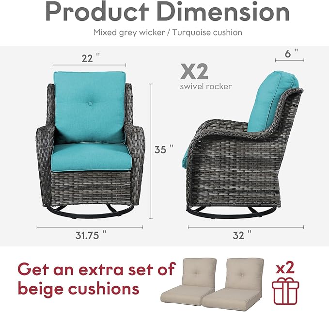 Outdoor Swivel Rcoker Wicker Chairs - Swivel Patio Chairs Set of 2 Patio Furniture Sets with Covered Cushion for Porch Deck Balcony Backyard, Turquoise Cushion-VerdiqueGarden
