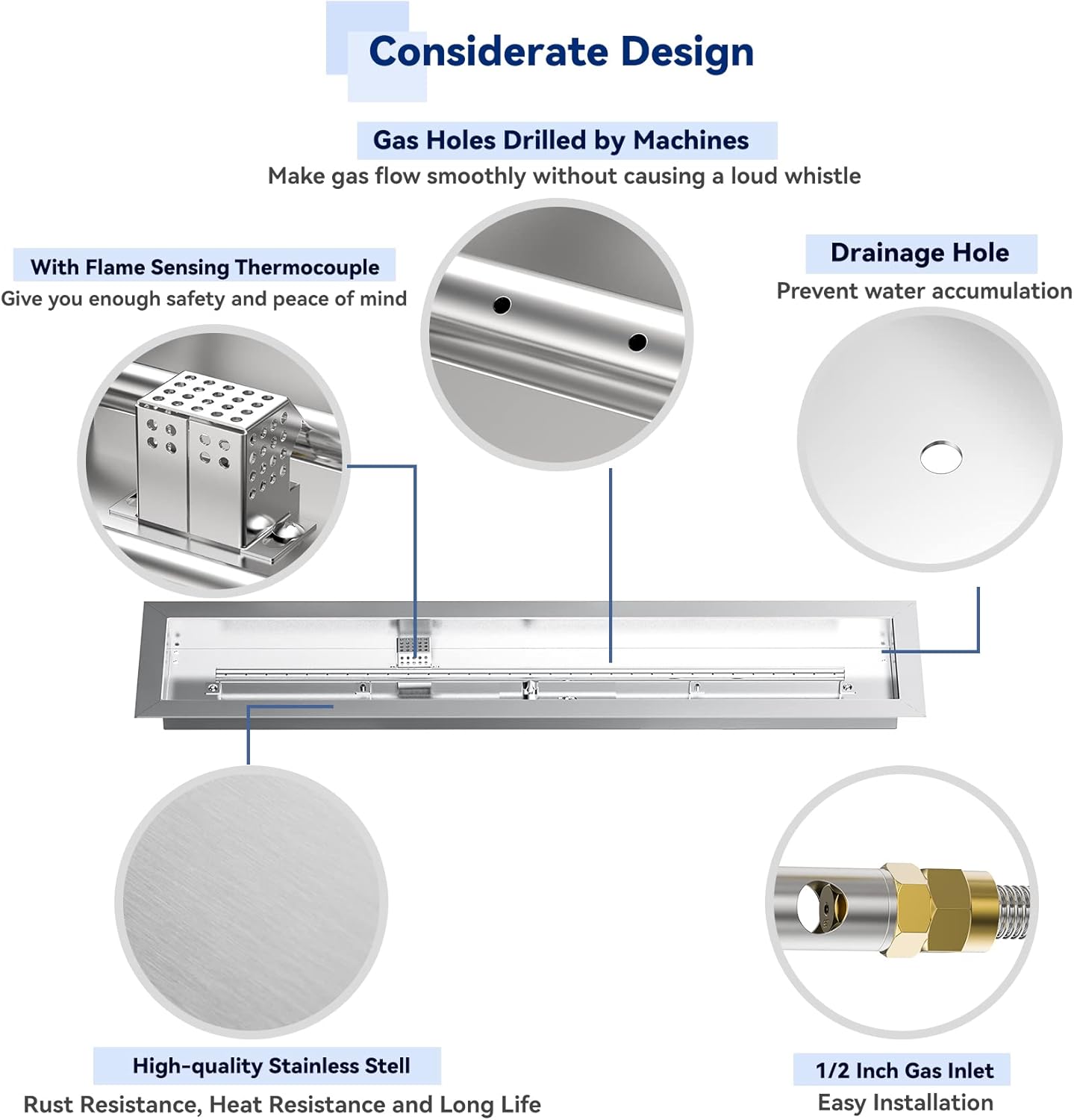 Skyflame 36" Linear Stainless Steel Fire Pit Drop-in Burner Kit with Flame Sensing, Electronic Spark Ignition, CSA Certified, and Propane Regulator Connector Hose Set for Propane Tank-VerdiqueGarden