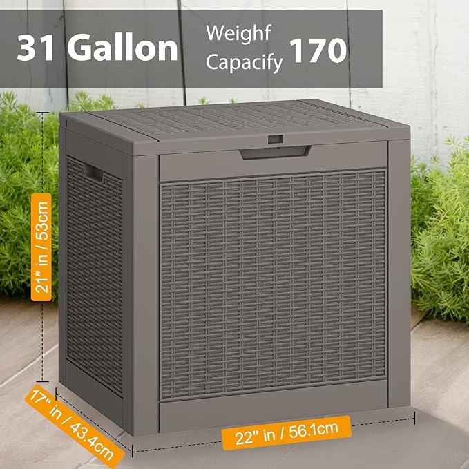 NUNU LAB 31 Gallon Outdoor Storage Box Waterproof,Indoor Outside Deck Boxes,Backyard Storage Bin For Package Delivery,Garden Tools,Patio Cushions,Pool Accessories,Storage Bench Lockable Lid-VerdiqueGarden