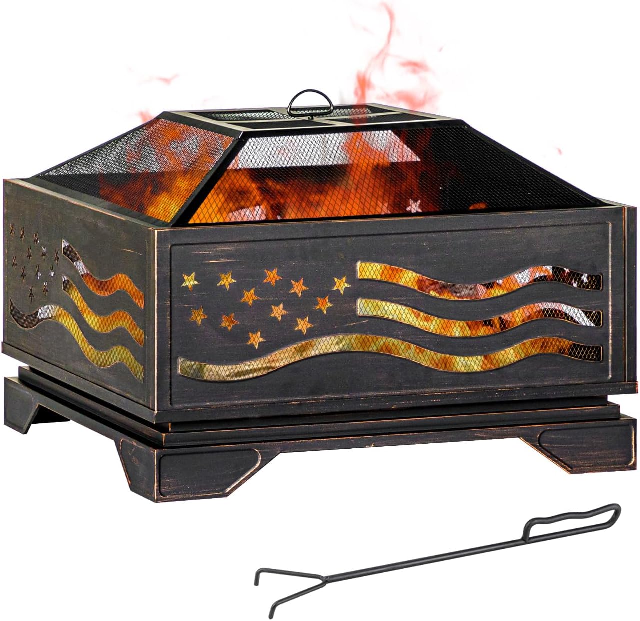 32Inch Square-Shaped Fire Pit,Outdoor Fire Pits with Spark Screen&Poker,Metal Square Wood Burning Firepits for Outside,Backyard,Bonfire,Patio,Party,Garden,Picnic and Camping(Antique Bronze)-VerdiqueGarden