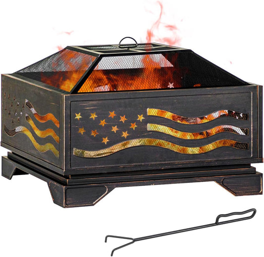32Inch Square-Shaped Fire Pit,Outdoor Fire Pits with Spark Screen&Poker,Metal Square Wood Burning Firepits for Outside,Backyard,Bonfire,Patio,Party,Garden,Picnic and Camping(Antique Bronze)-VerdiqueGarden