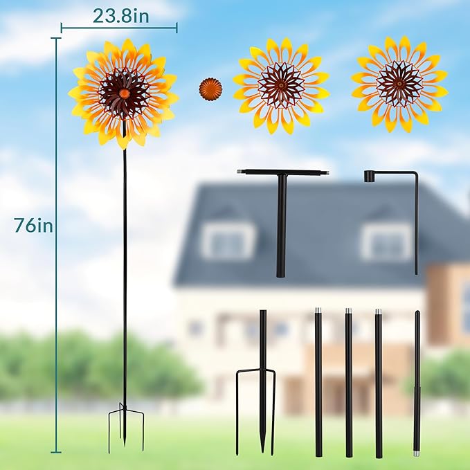 Sunflower Wind Spinners, 360 Degrees Swivel Metal Wind Sculptures, 76" Large Garden Pinwheels for Yard Lawn Patio Decor-VerdiqueGarden