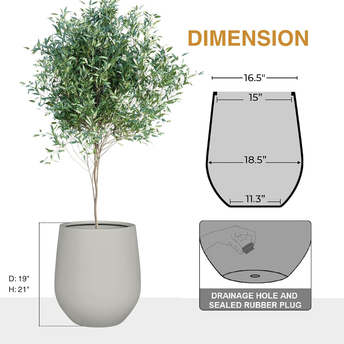 21" H x 19" D Corso Fiberstone Round Tapered Planter with Drainage Hole, Smooth Finishes, Weather Resistant for Indoor and Outdoor Use (Light French Gray, 15" Pot Opening)-VerdiqueGarden