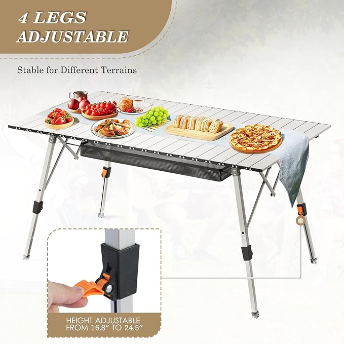 Athena Collection Foldable Camping Table, 47" Aluminum Outdoor Folding Camp Table with Mesh Layer Telescopic Legs and Carry Bag, Lightweight and Portable for Outdoor Camping Picnic Grilling, Silver-VerdiqueGarden