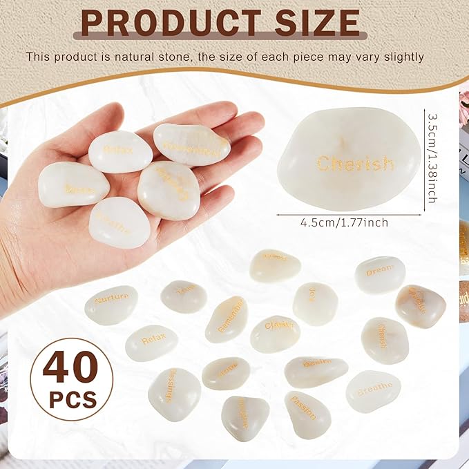 Fabbay Engraved Inspirational Stones Encouragement Motivational Rocks with Words Garden Positive Gift for Christmas Thanksgiving(White,40 Pcs)-VerdiqueGarden
