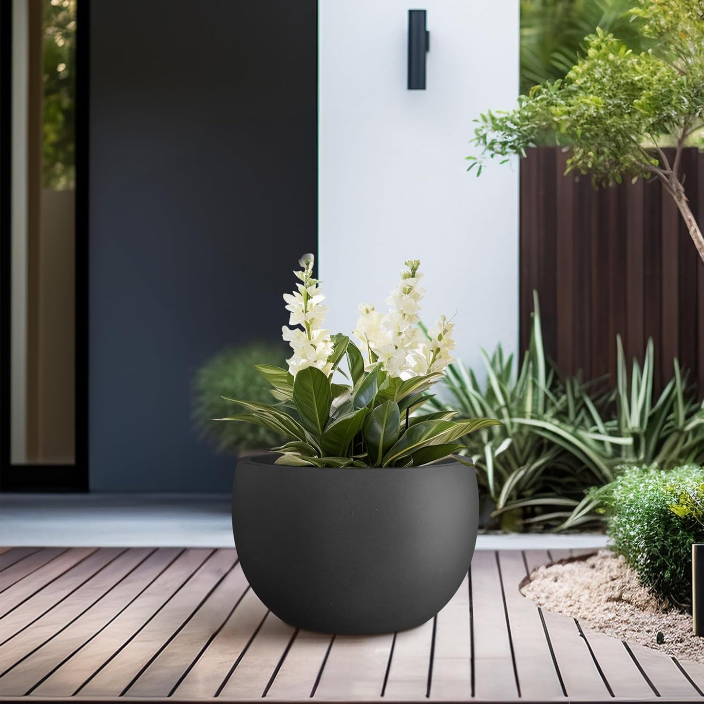 Kante 11.8" Dia Round Concrete Planter, Outdoor/Indoor Large Bowl Plant Pots with Drainage Hole and Rubber Plug for Garden Patio Balcony Home, Black-VerdiqueGarden