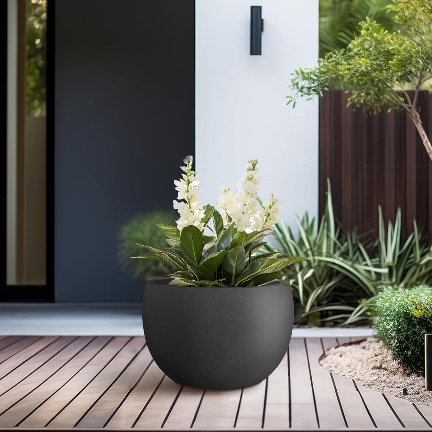 Kante 11.8" Dia Round Concrete Planter, Outdoor/Indoor Large Bowl Plant Pots with Drainage Hole and Rubber Plug for Garden Patio Balcony Home, Black-VerdiqueGarden