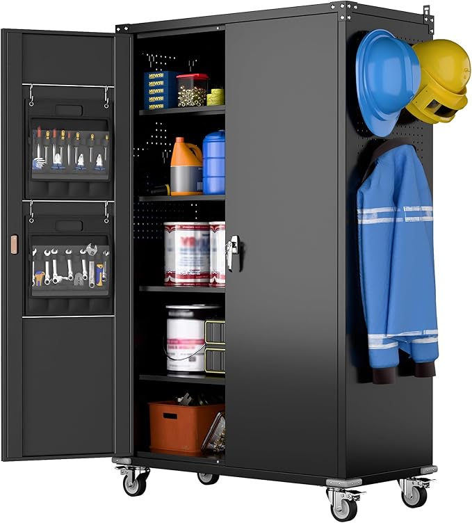 Upgraded Wide & Deep Extra Large Metal Storage Cabinet on Wheels,Lockable Garage Cabinets with 3 Pegboards,2 Tool Pouches for Garage,Office,Assembly Required,Black,43.3''W x 21.6''D x 72''H-VerdiqueGarden