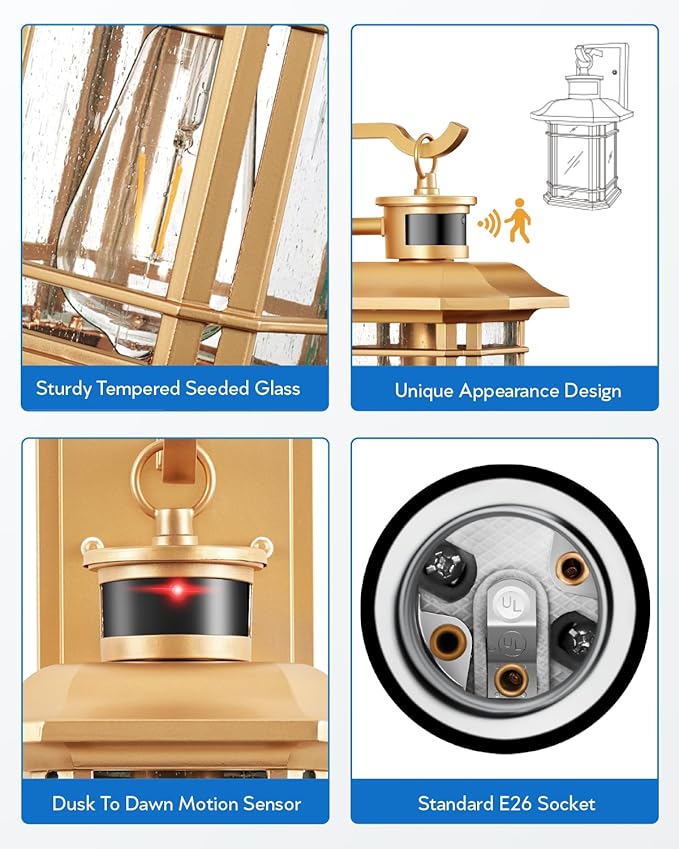 VIANIS Motion Sensor Exterior Lights for House, 2 Pack Dusk to Dawn Outdoor Lighting, Gold Outdoor Sconce Lantern, Waterproof, Weather Resistant Porch Lights Outside for House, Garage, Front Door-VerdiqueGarden