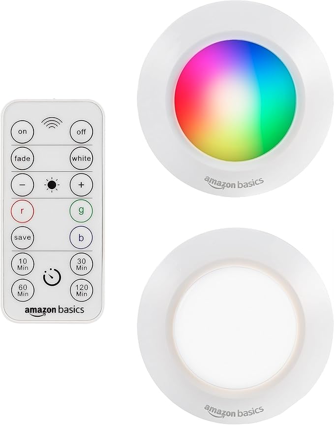 Amazon Basics LED Puck Lights, Color Changing, Battery Operated, IR Remote, 40 Lumens, 2 Pack, Wireless Stick on Lights, Under Cabinet Lighting, Ideal for Closets, and More, White-VerdiqueGarden