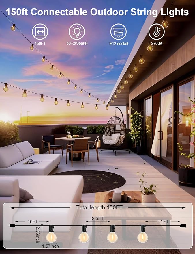 RTTY Outdoor String Lights 150 FT Globe LED Patio Lights with G40 Plastic Bulbs,Waterproof Shatterproof Dimmable Connectable Hanging for Backyard Porch Balcony Party Cafe Deck Decor-VerdiqueGarden