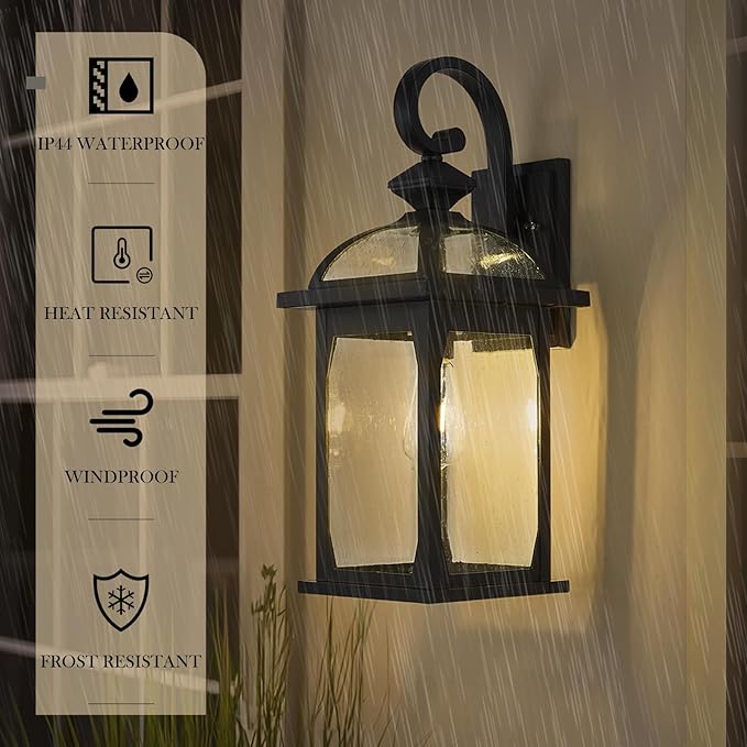 zeyu 22 Inch Outdoor Wall Light Sconce, Large Exterior Wall Light Fixture for House Porch, Die-Cast Aluminum with Seeded Glass, Black Finish, ZD100B-M BK-VerdiqueGarden