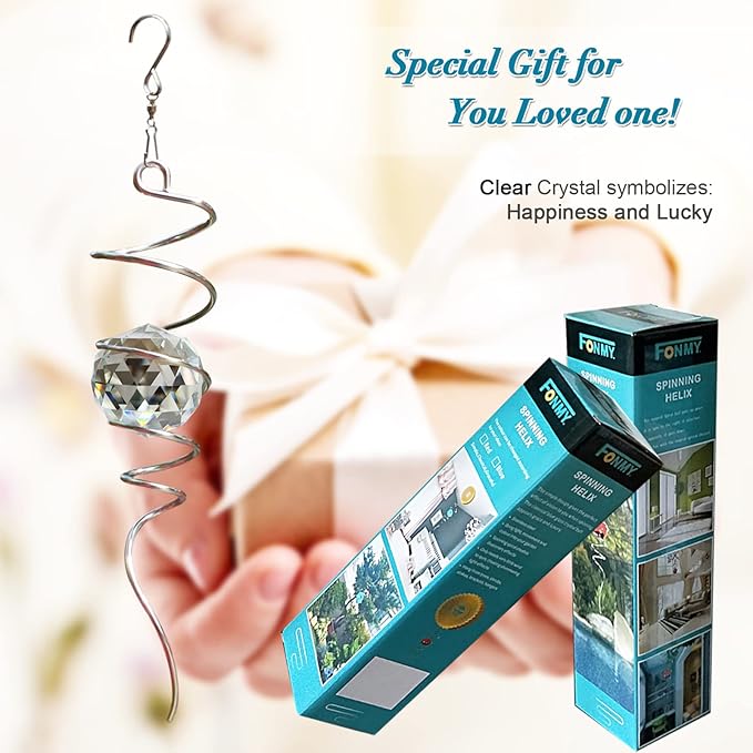 FONMY Gazing Ball Spiral Tail -Decorative Wind Spinner Sun Catcher 11 inch Tail and 2 inch Clear Crystal Orb. Indoor Outdoor Garden Decoration -13 inch Height-VerdiqueGarden