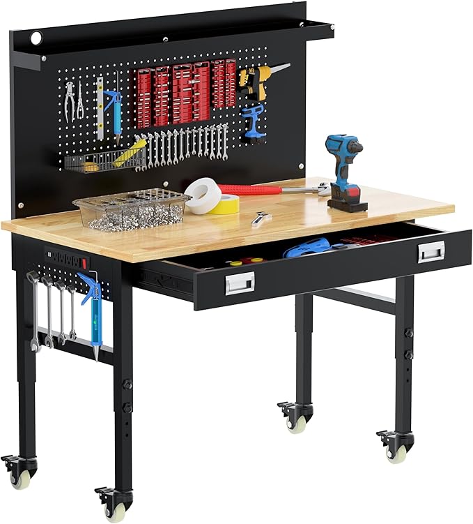 48" Heavy Duty Adjustable Workbench with Large Pegboard, Adjustable Work Table with Power Outlets & Lockable Wheels, Rubber Wood Workstation for Garage, Workshop, Office, Home, Commercial-VerdiqueGarden