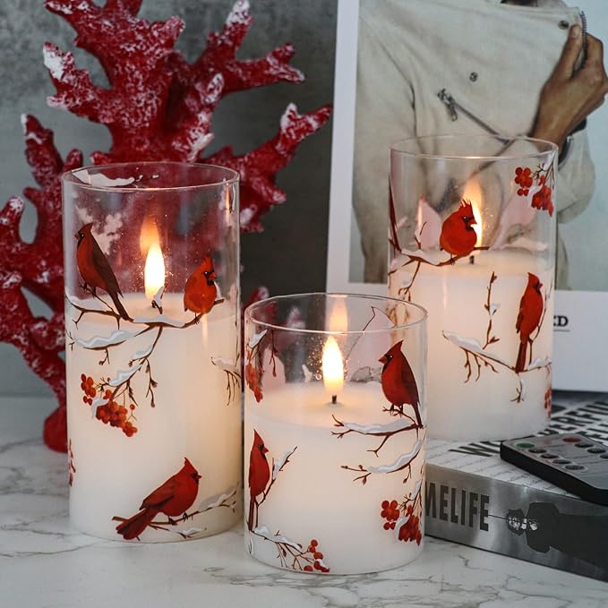 Red Bird Glass Battery Operated LED Flameless Candles with Remote Timer, Real Wax LED Candles Warm Color Flickering Light for Festival Wedding Home Party Decor(Pack of 3, 3”x4”5”6”)-VerdiqueGarden