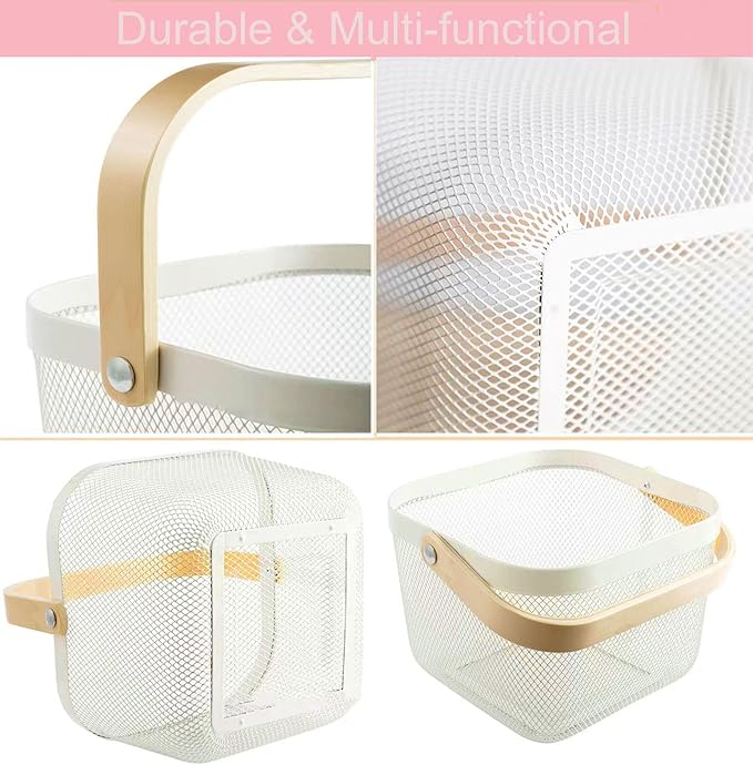 Metal Mesh Steel Basket, Storage Organizer Basket Multi-functional Hanging Kitchen Baskets Fruit Basket Bin with Bamboo Handle for Kitchen Bathroom Picnic Shopping Decor Cabinet Home, Beige-VerdiqueGarden