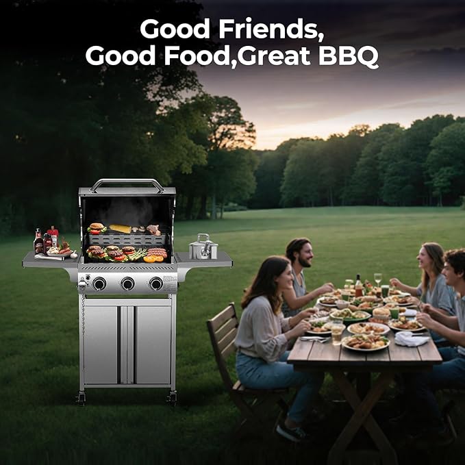 R.W.FLAME Stainless Steel Propane Gas Grill, 3 Burner 24000BTU BBQ Grills, Foldable Side Table, Enamel Wire Grate, Removable Grease Tray, Barbecue Grill for Outdoor Cooking, Backyard, Patio, Deck-VerdiqueGarden