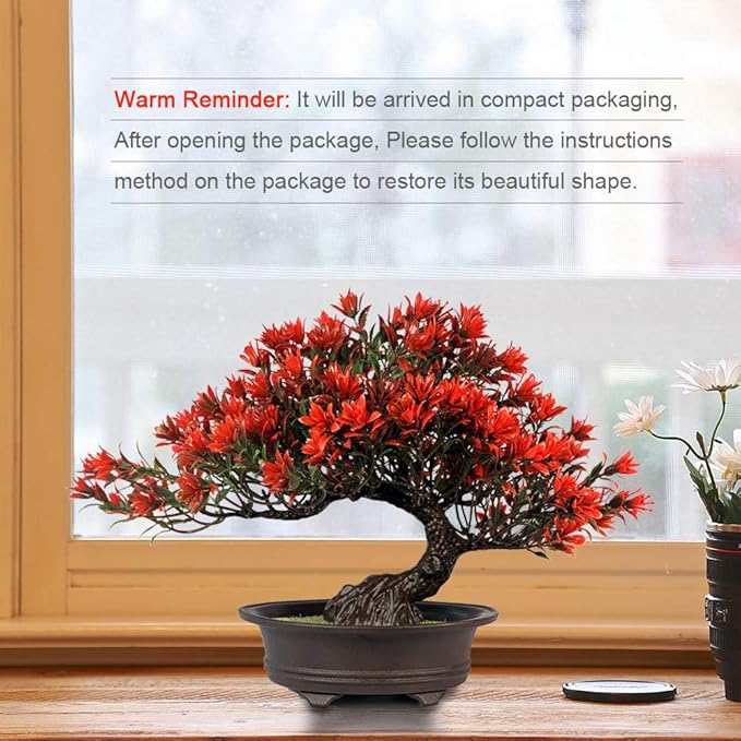 Fake Plants Plastic Artificial Bonsai Tree, Red Bonsai Tree for Home Bedroom Office Desk Farmhouse Room Decor, Tall 9.5"-VerdiqueGarden