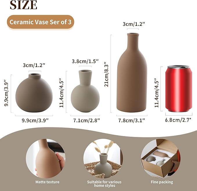 Ceramic Vase Set of 3, Vases Home Decor Rustic Farmhouse Decorative Vase Pottery Vases for Bouquet Pampas Grass Dried Fresh Flowers, Table Living Room Kitchen Bedroom Bathroom - Brown-VerdiqueGarden