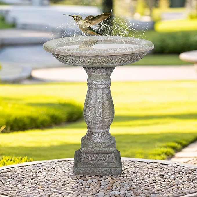 SunJet 23.8 Inch High Concrete Bird Bath with Carved Pedestal – Birdbath Sturdy & Elegant Design, Stone-Like Texture, Attracts Birds and Enhances Garden, Patio, Yard, Lawn Decor-VerdiqueGarden