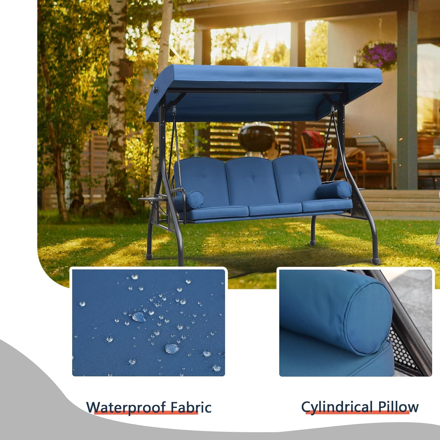 NOBLEMOOD Patio Porch Swing, 3-Seat Outdoor Swing with Adjustable Canopy, Waterproof Fabric Cushion, Pillow and Foldable Side Tray for Patio, Backyard, Porch Swing Bed for Spring-VerdiqueGarden