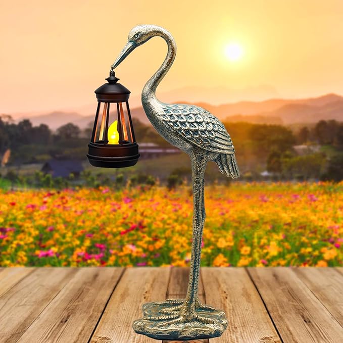 Solar Garden Statue Crane Figurine, Outdoor Hanging Solar Lanterns, Blue Heron Sculpture Statue for Patio, Yard, Lawn, Porch, Garden Decor for Outside Gifts for Christmas Mom, Women, Mother's Day-VerdiqueGarden
