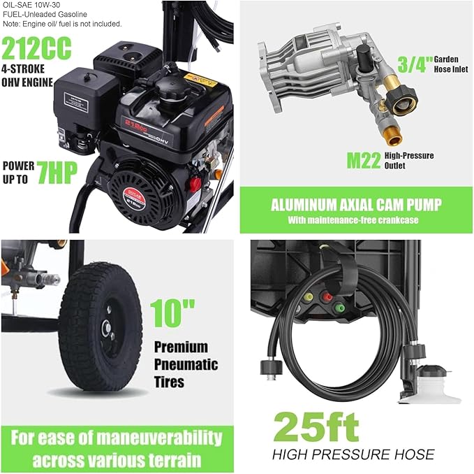 4200 PSI Gas Pressure Washer, 4.0 Max GPM 212CC 7HP Commercial Gas Power Washer, Spray Gun and Wand, 5 Nozzle Set, for Cars/Fences/Driveways/Homes/Patios/Furniture-VerdiqueGarden