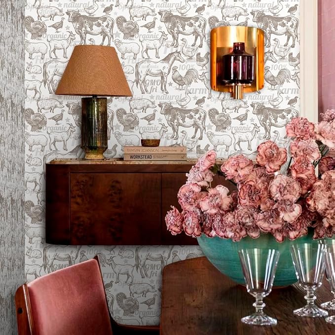 Boho Rustic Farm Animals Cow Rooster Horse Turkey Peel and Stick Wallpaper Self Adhesive Removable Easy Peel Off Stick on Wall Paper for Bedroom Cabinet Renter-VerdiqueGarden