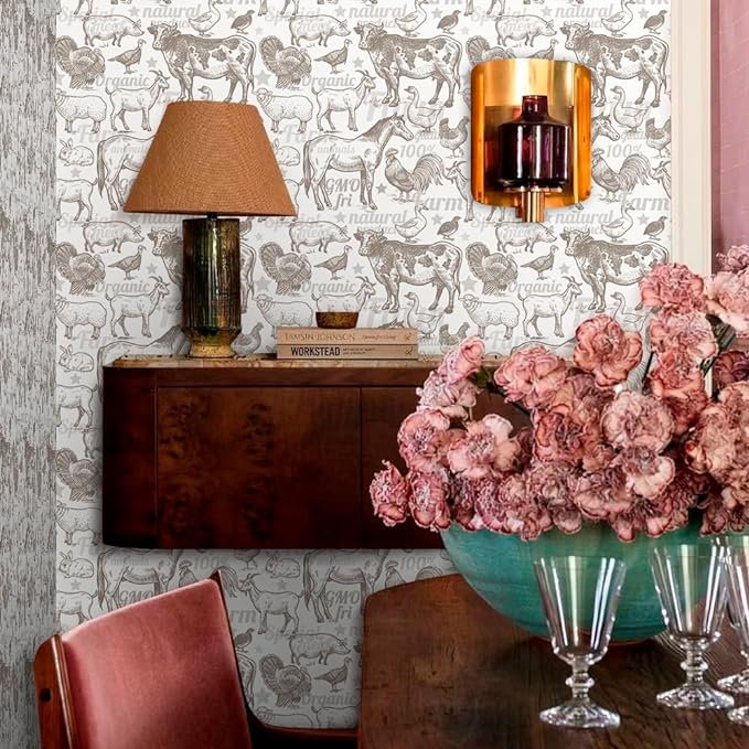 Boho Rustic Farm Animals Cow Rooster Horse Turkey Peel and Stick Wallpaper Self Adhesive Removable Easy Peel Off Stick on Wall Paper for Bedroom Cabinet Renter-VerdiqueGarden