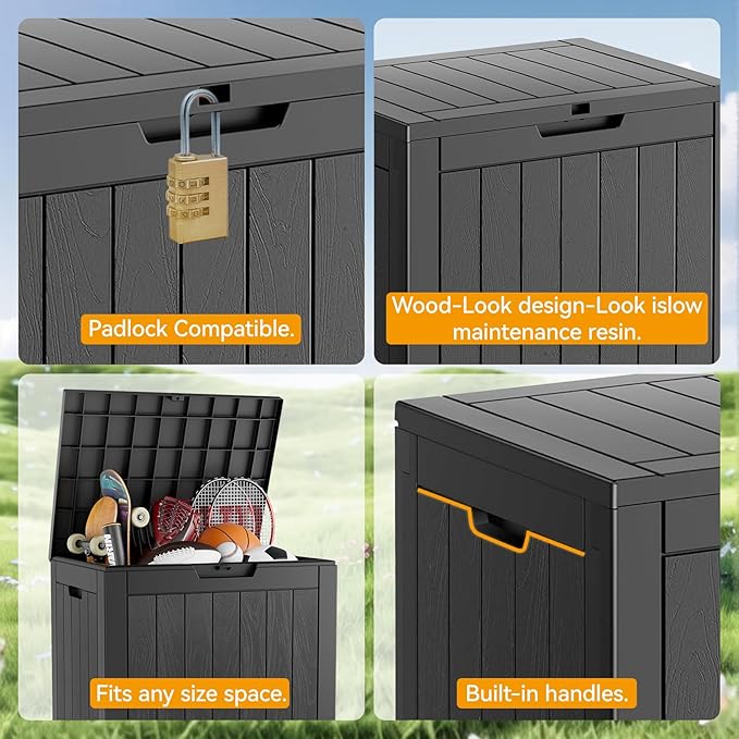 KAMABOKO Deck Box, 32 Gallon Resin Indoor and Outdoor Storage Boxes Waterproof for Garden Tools, Pool Accessories Storage Bench, Patio Furniture and Cushions with Lockable Lid, Black-VerdiqueGarden