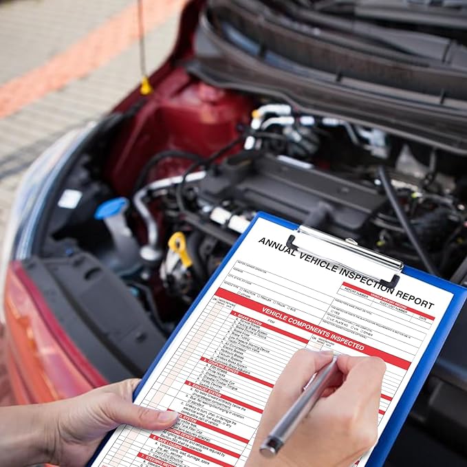 Annual Vehicle Inspection Report Form with Red Exterior Aluminum Inspection Label (6"x3.5"), and White Interior Inspection Label (5"x4") 25-pk-VerdiqueGarden