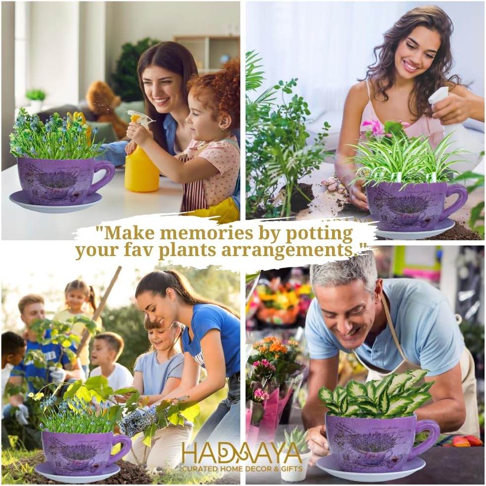 7.5” Round Ceramic Teacup Planter with Saucer – Purple Lavender Basket Design Pot for Succulents, Orchid, Herbs & Indoor/Outdoor Flowers for Birthday & Any Other Occasion-VerdiqueGarden