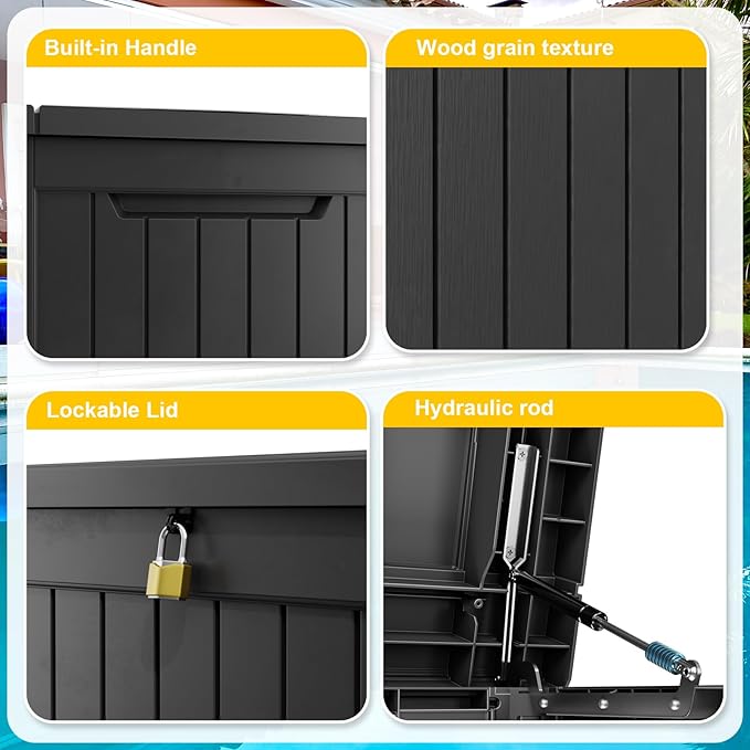 Deck Box - 230 Gallon Large Outdoor Storage box,Waterproof Patio Furniture and Storage Deck - Lockable and UV Resistant, Perfect for Pool and Outdoor Use, Weatherproof Resin, Lockable (Black) -VerdiqueGarden