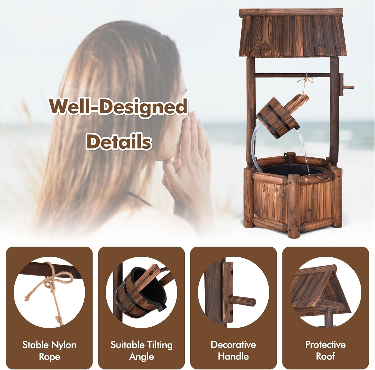 Tangkula Outdoor Wishing Well Water Fountain, Old-Fashioned Wood Waterfall Fountain w/Bucket Pump, Rustic Farmhouse Decoration for Garden, Backyard, 46 Inch Tall (20" x 23" x 46")-VerdiqueGarden