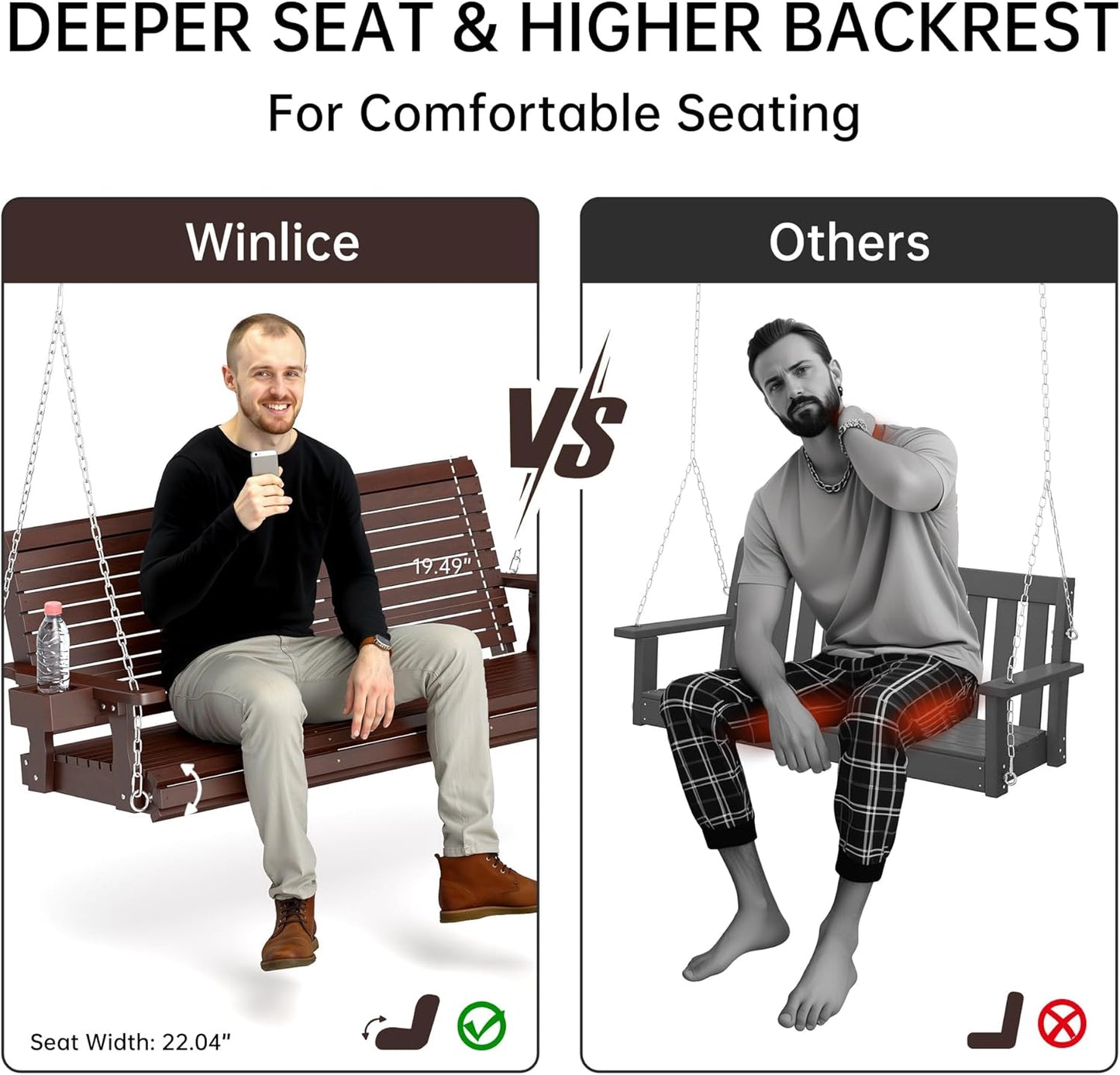 Wooden Outdoor Porch Swing, 3 Seater Front Porch Swing with Upgraded 22" Deep Seat, Heavy Duty 880 Lbs Swing Bench Chair for for Patio, Backyard, Garden (Brown, 5 Foot)-VerdiqueGarden