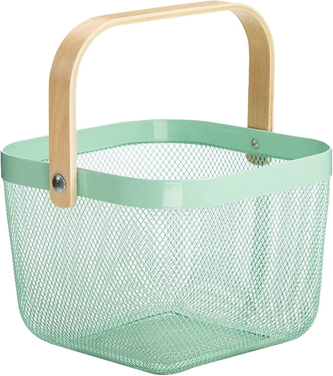 Metal Mesh Steel Basket, Storage Organizer Basket Multi-functional Hanging Kitchen Baskets Fruit Basket with Wooden Handle for Kitchen Bathroom Picnic Shopping Decor Cabinet Home, Macaron Blue-VerdiqueGarden