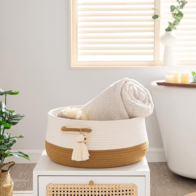 KAKAMAY Woven Baskets for Storage(16"x8"),Blanket Basket for Organizing Living Room,Cotton Rope Basket Woven Baby Laundry Hamper,Collapsible Laundry Room Organization,Clothes,Toy Chest(Brown)-VerdiqueGarden