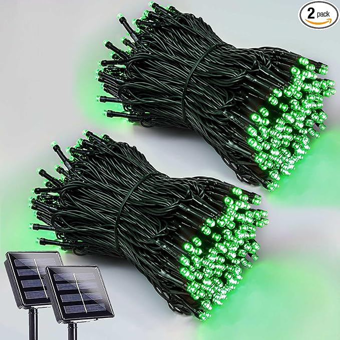 EEW 2 Pack 200 LED Solar Christmas Lights Outdoor Waterproof, Solar String Lights for Outside, Green Wire Solar Tree Light with 8 Lighting Modes for Xmas Wedding Party Garden Yard Decorations (Green)-VerdiqueGarden