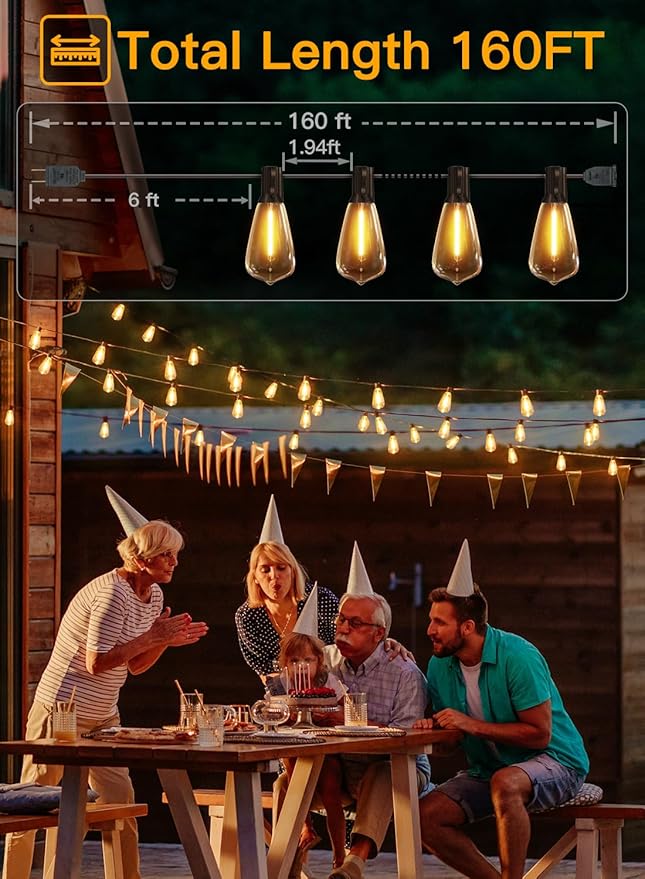 Ollny Outdoor String Lights 160FT, Shatterproof Connectable Patio Lights with 80+4 Spare ST38 Vintage Bulbs, 2200K Warm White Waterproof Outside Hanging Light for Yard Camping Gazebo Porch Balcony-VerdiqueGarden