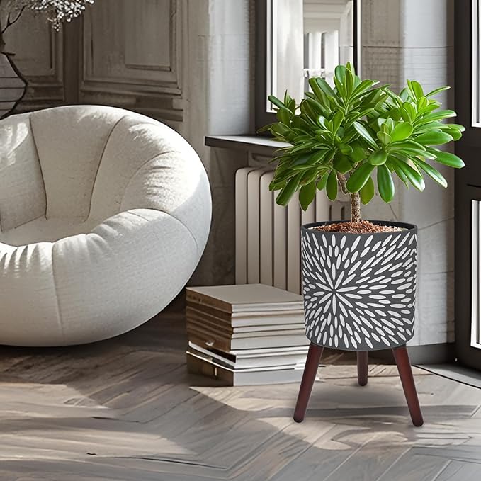 12 Inches Plant Pot with Stand, Large Modern Standing Planters for Indoor Plants with Drainage Holes, Gray Flower Pots with Legs-VerdiqueGarden