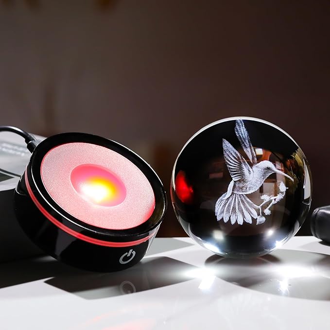 YWHL 3D Crystal Ball Hummingbird Figurine with LED Base, Hummingbird Gifts for Women Men Hummingbird Lovers on Christmas Birthday, Hummingbird Ornament Glass Decorative Ball for Home Decor (80mm)-VerdiqueGarden